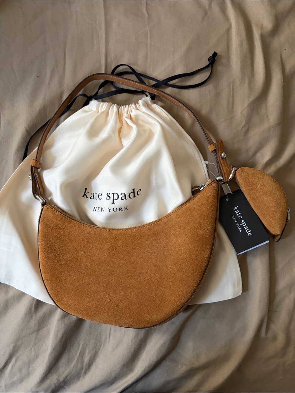 kate spade Duo Mini Tan Suede Crescent Shoulder Bag with Coin Pouch NWT